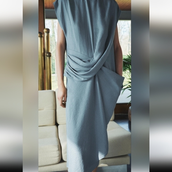 Zara Linen Blue Draped Dress (169$) - Picture 2 of 6